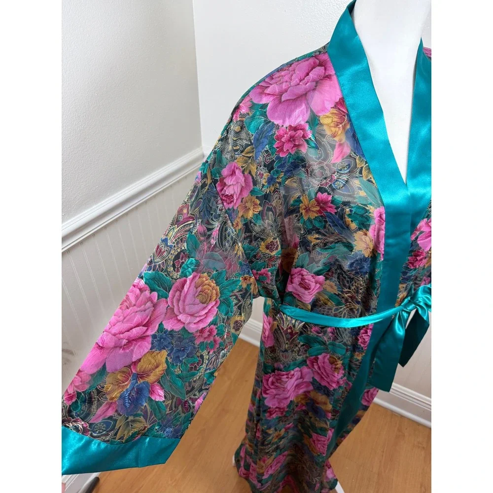 Inner Most Sears Vintage Long Floral Kimono Robe Teal‎ Trim Sheer Women Size L